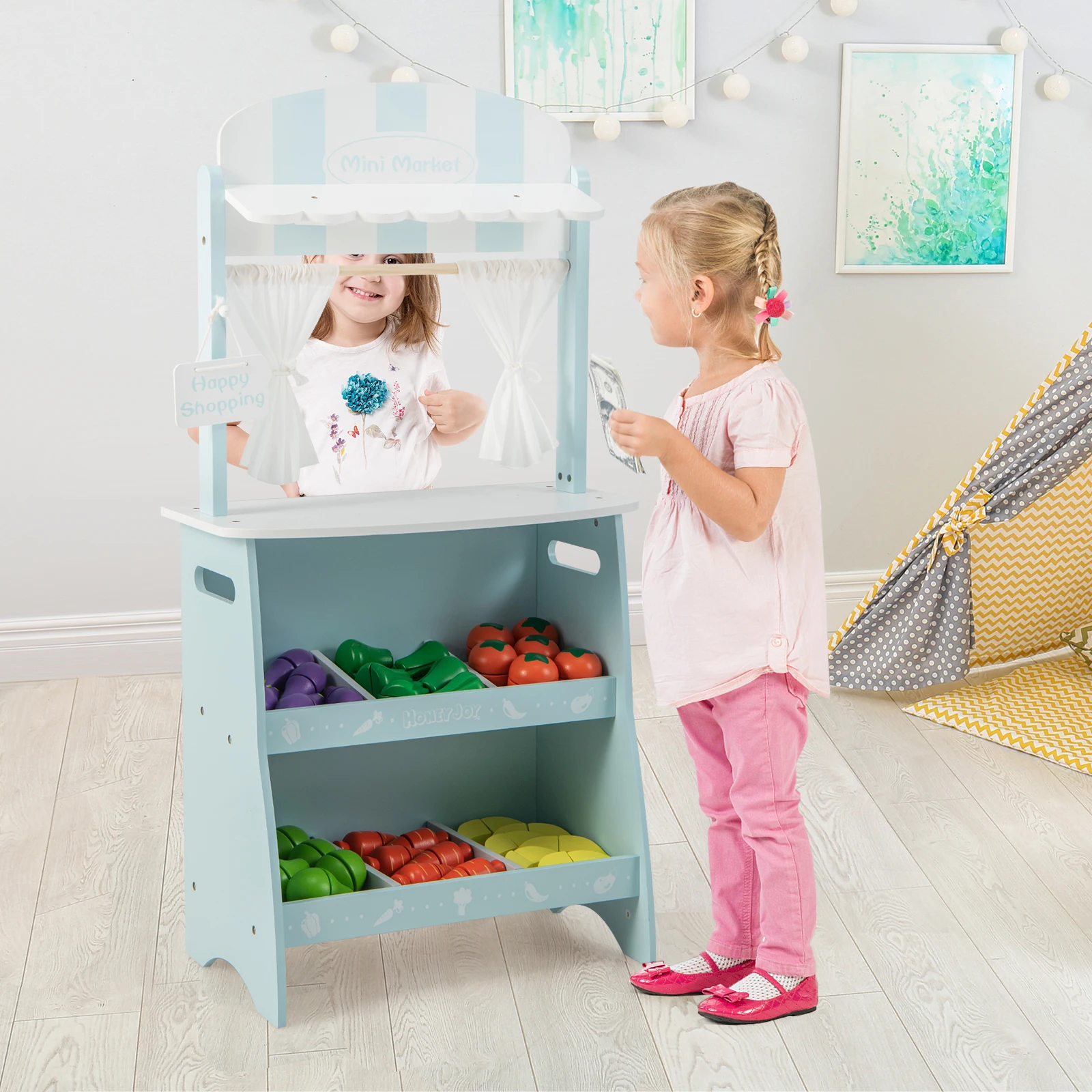 Kid's Farmers Market Stand Wooden Grocery Store Set w/ Cutting Veggies & Fruits 3