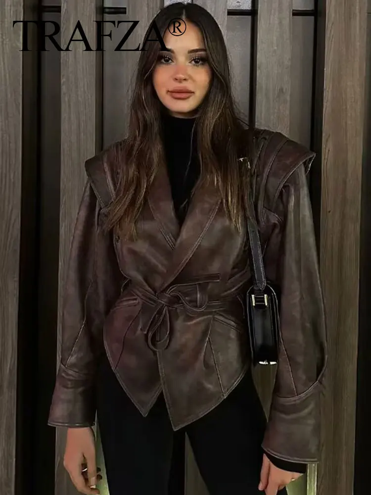 

TRAFZA Loose Fashion Lace-up Long Sleeves Single Breasted V-neck Street Retro Jackets 2024 Spring Women's Brown Leather Coats