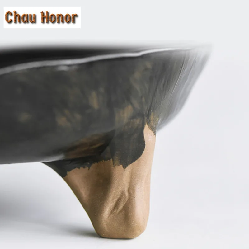 Japanese Wabi-sabi Style Coarse Pottery Tripodia Fruit Dishes Handmade Pastry Plate Sharing Plate Chinese Tea Set Decoration