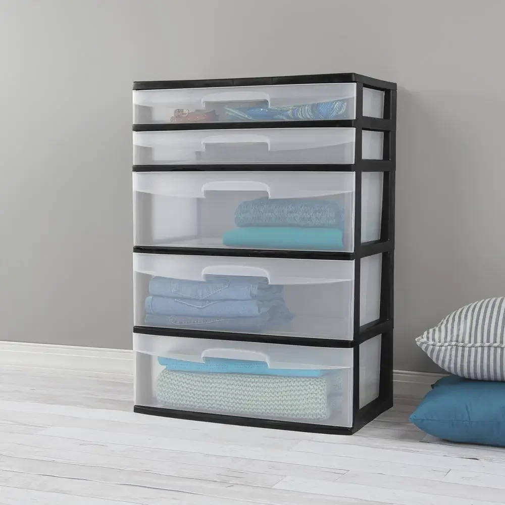 Plastic 5-Drawer Wide Tower Organizer Storage Unit Bedroom Kitchen Bathroom Craft Room Nursery Dorm Black Effortlessly Identify 4