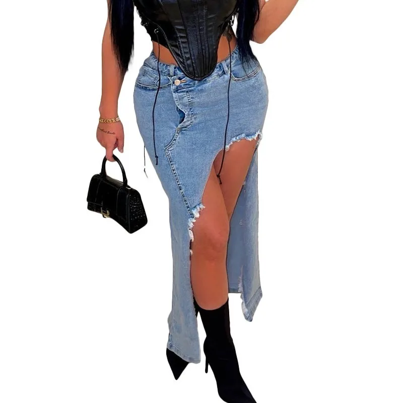

Dark Blue Denim Skirt Slim Sexy African Women Clothes Button Retro Slit Bag Hip Denim Skirt Casual Elegant Ladies Clothes Summer