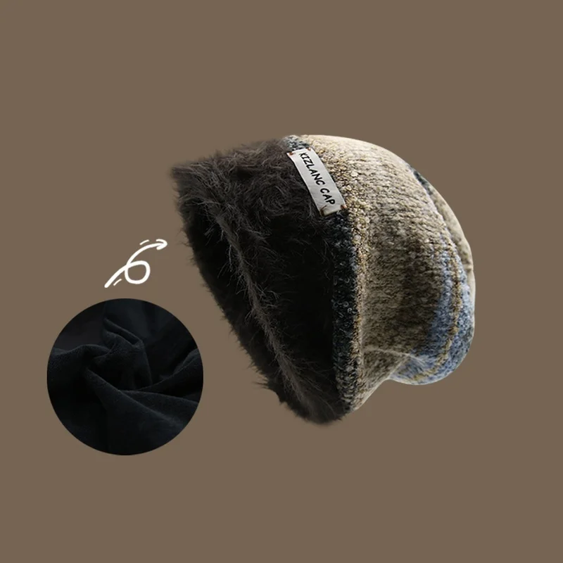 New Meilade Winter Fleece-Lined Knitted Slouchy Hat For Women Slim Face Cold-Resistant Warm Retro Woolen Hat For Men