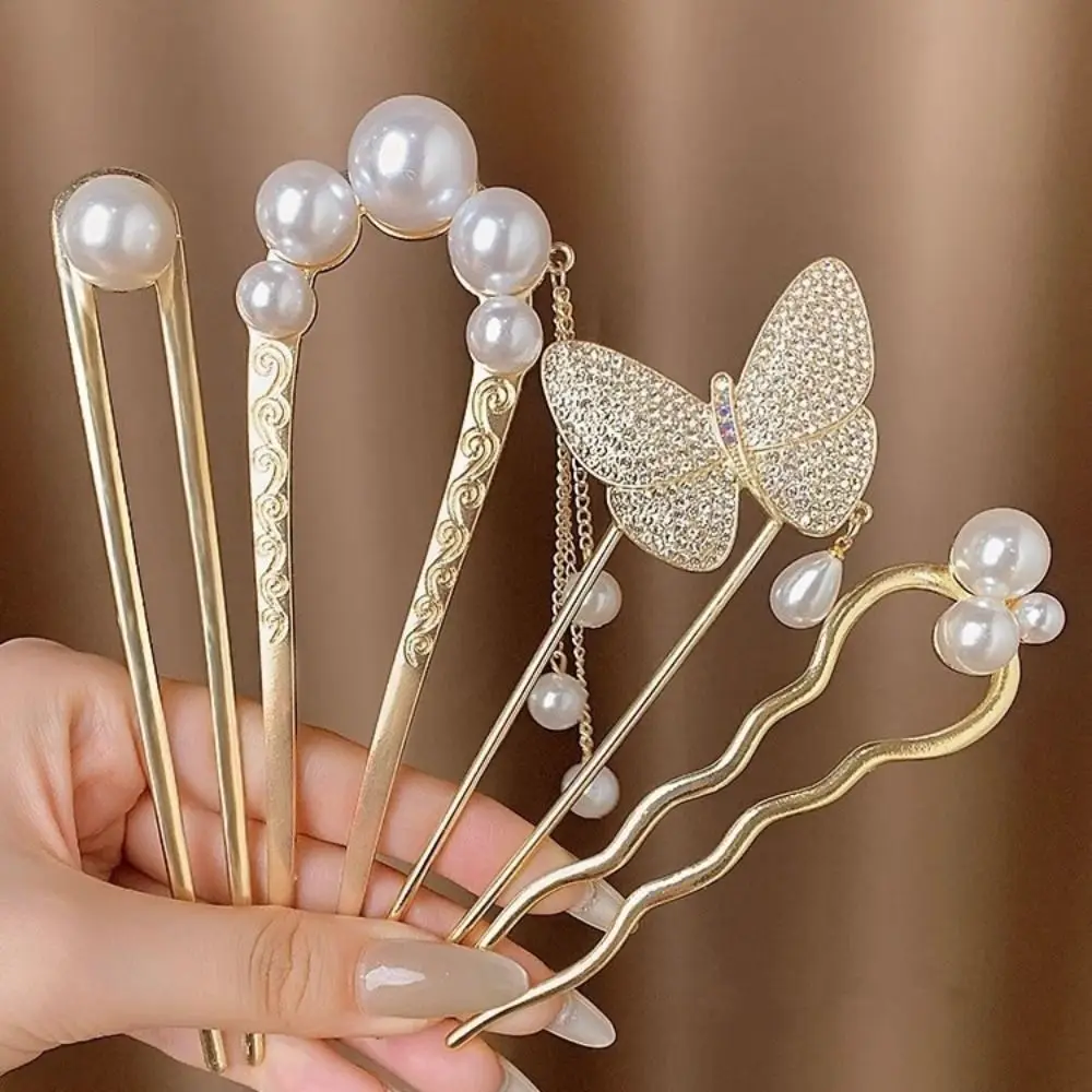 Hair Accessory New Fashion Simple Hair Clip Temperament Imitation Pearl U-shaped Hairpin Metal Flower Hair Sticks for Girls hair accessory,hair clip,hair headdress,hair stick,pearl hairpins