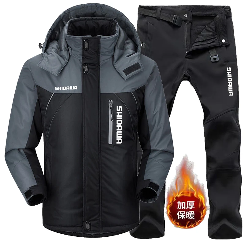 

Men's Autumn Winter Plush Thick Warm Fishing Suits Outdoor Waterproof Windproof Hiking Camping Clothes Cycling Jacket+pants Sets