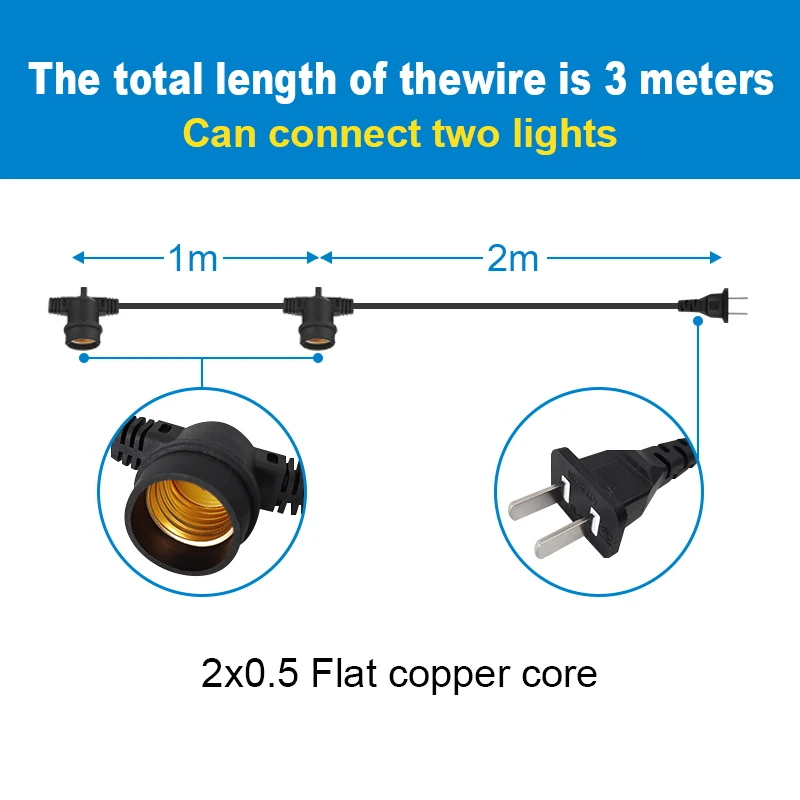 Black 3M US plug Power Cable with 2pcs E27 lamp holders Power Supply Wire Extension Cord