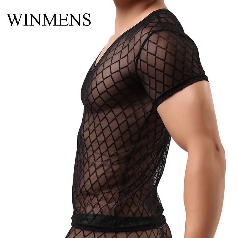 Adult Men's Undershirts Diamond Mesh Breathable Black See Inner O-neck Short Sleeves Sheer Fishnet Fitness Dance Performance