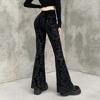 Y2K Velvet Pants Gothic See Through Winter Mesh Patchwork Grunge Streetwear Vintage Black E Girl Leg Belted Flared Pants 2