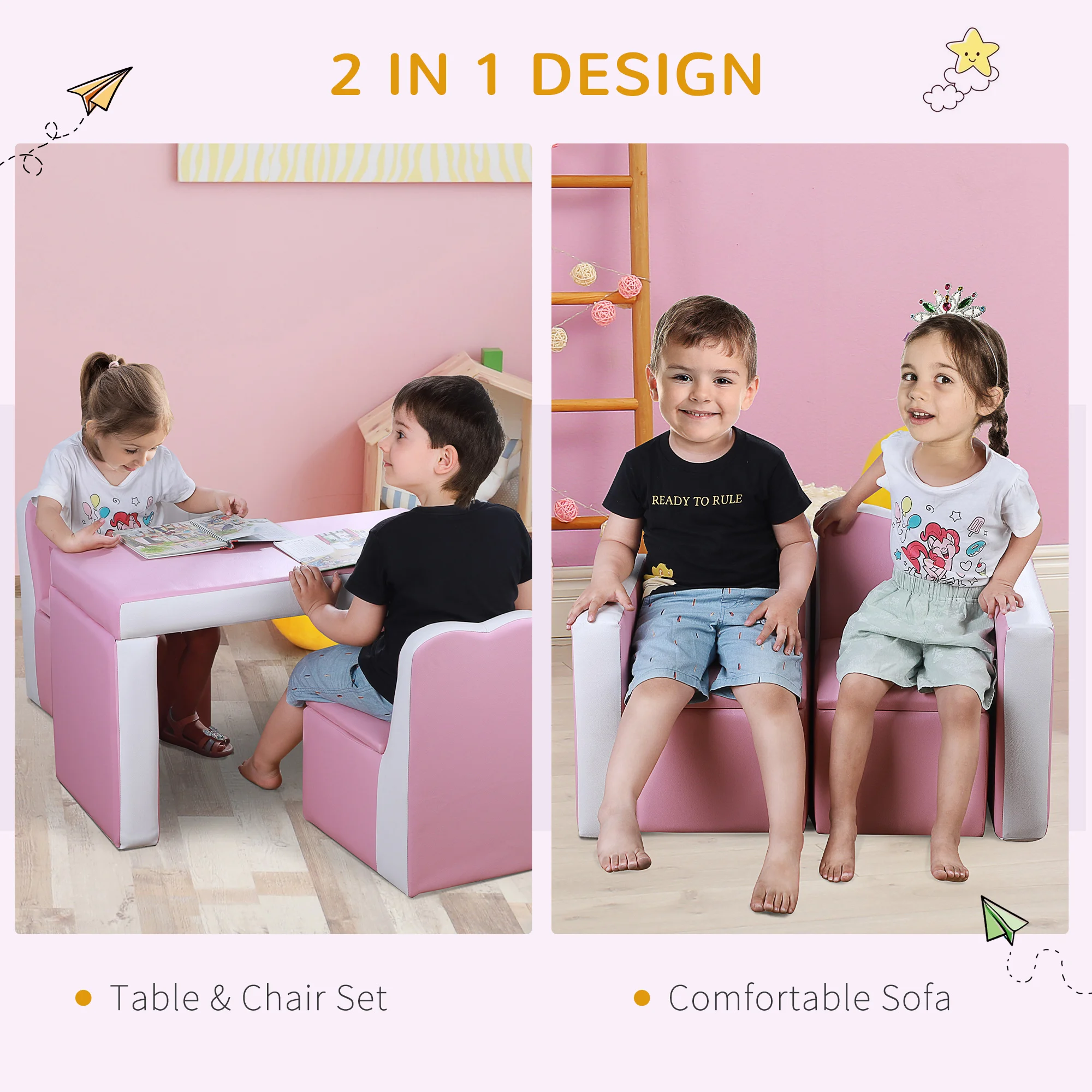 Kids Leather Sofa Armchair Multi-functional Table Chair Set Storage Pink 6