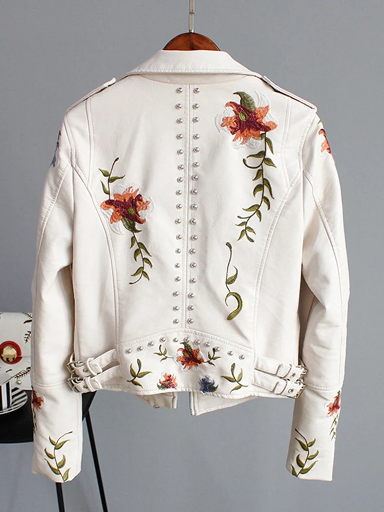 Motorbike Top Floral Print Embroidery Faux Soft Leather Jacket Women Pu Motorcycle Coat Female Black Punk Zipper Rivet Outerwear