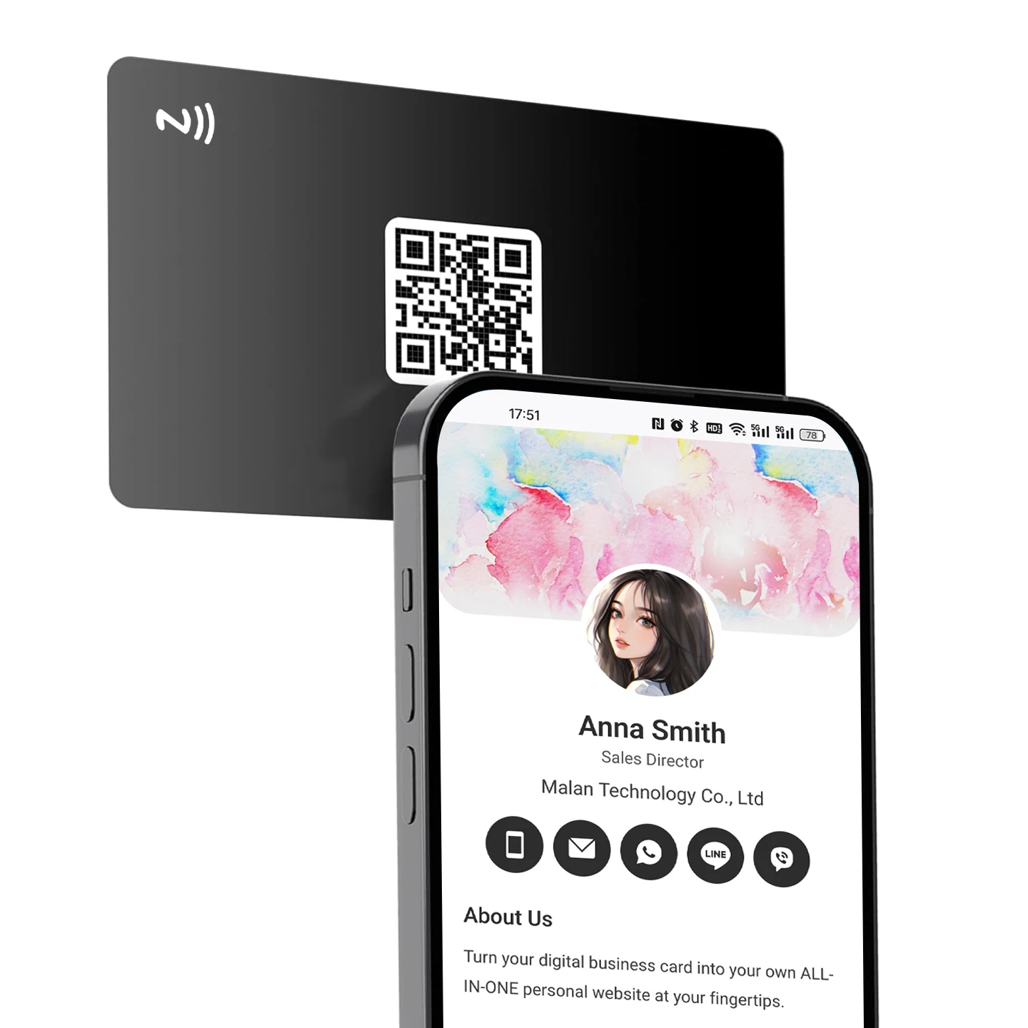 맞춤형 디지털 명함(로고 포함), 맞춤형 NFC 명함 탭하여 공유 기술 적용, 아이폰 및 안드로이드 호환