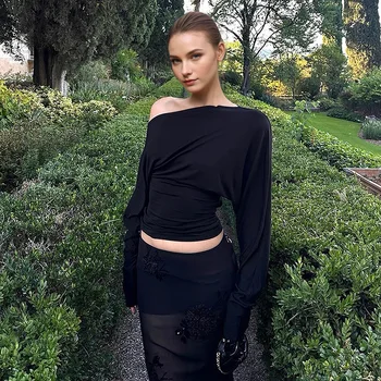 Women's Solid Asymmetric Shoulder Batwing Long Sleeve Tee 2026 Spring Fashion Sexy Backless Slim Fit Casual Streetwear Y2K Tops 1