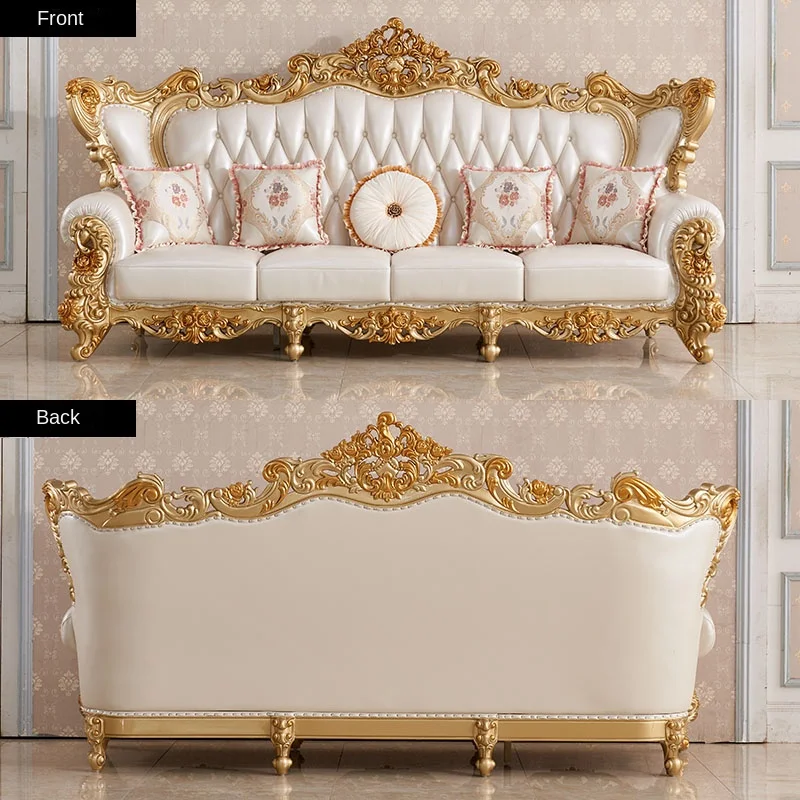 European leather sofa 123 combination villa living room solid wood carved cowhide high-grade French gold luxury furniture