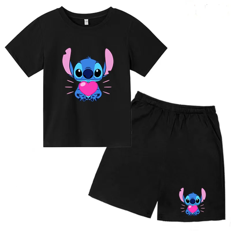 

Children's Stitch Anime T-shirt 3-12Y Boys and Girls Preschool Top+Shorts Beautiful Girls Party Charm Sports Jogging Casual Set