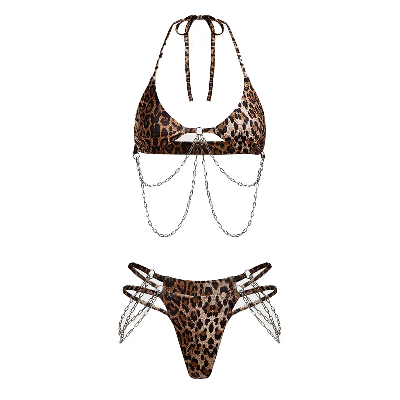 Zebra- oder Leopardendruck Körper mit goldenen und silbernen Halterung aus Metallkette sexuellen BH Bikini Y2K