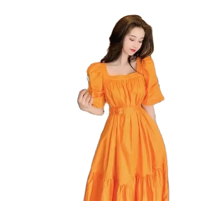 

Модное женское платье, французское нежное элегантное платье средней длины с квадратным вырезом, женские летние платья с рукавами-фонариками, новинка 2024