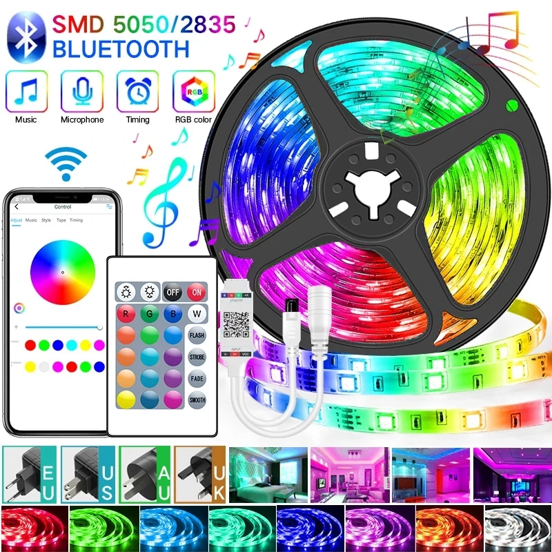 

Светодиодная цветная полоса Bluetooth, светодиодная световая полоса 20 м RGB SMD, гибкая лента RGB светодиодный светильник 5 м 10 м, Диодная лента DC 12 В с управлением.