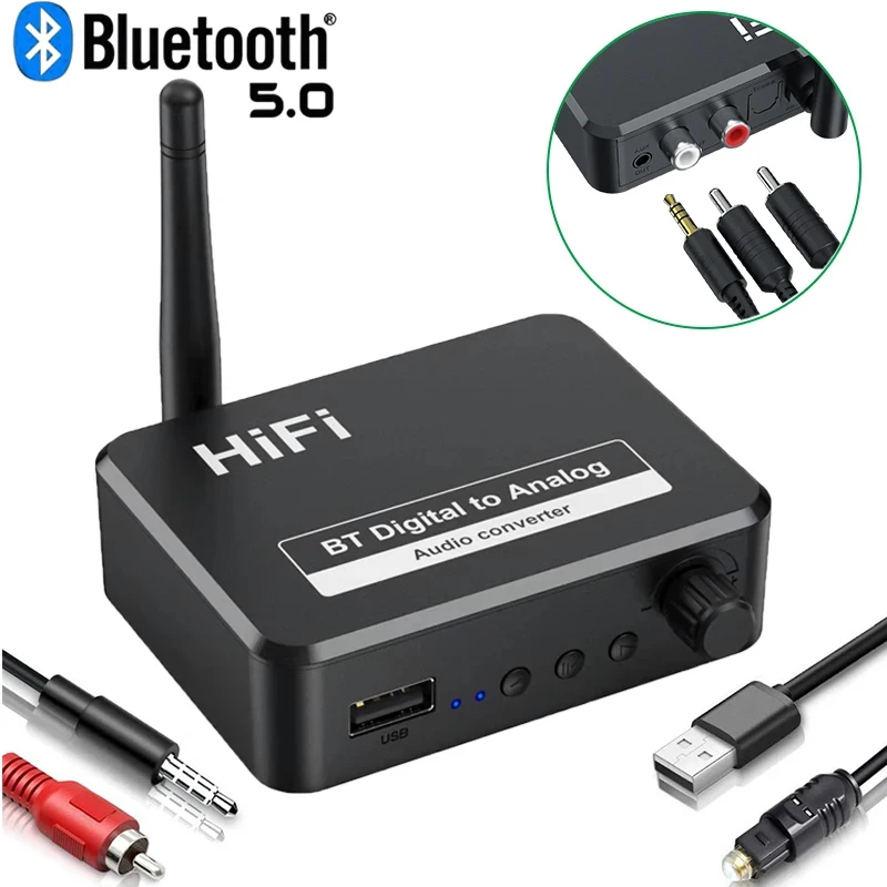 Digital to Analog Audio DAC Converter Adapter Digital SPDIF Optical Toslink to 3.5mm 3.5 AUX Jack RCA L/R Bluetooth 5.0 Receiver audio converter adapter