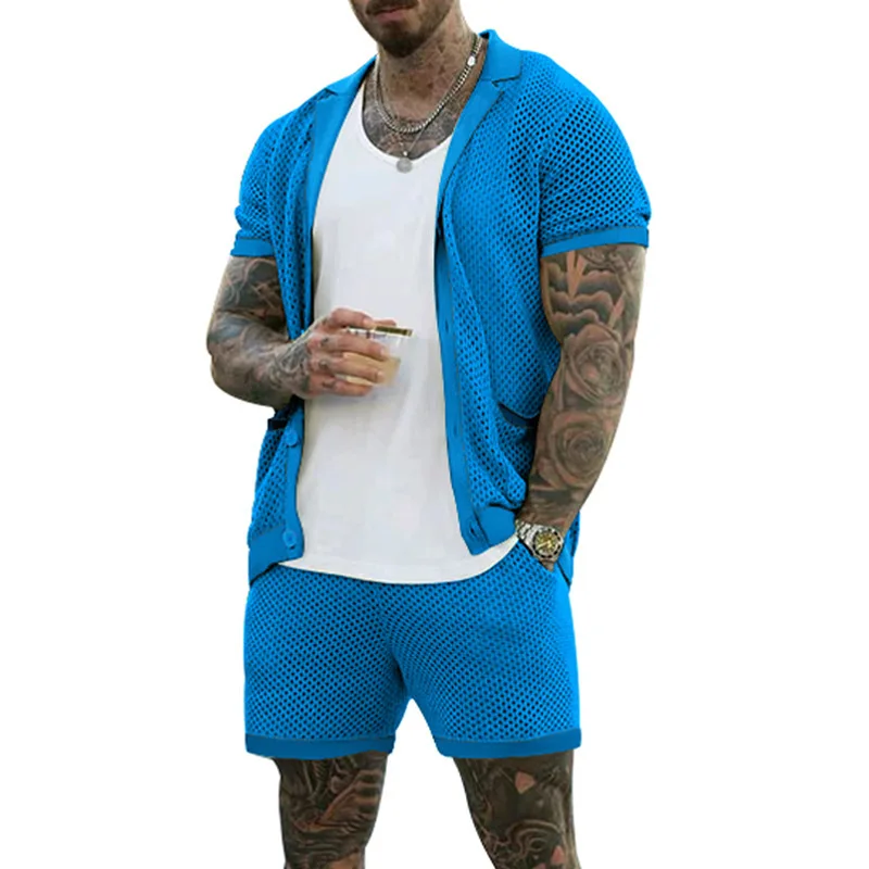 2025 Amazon Short-sleeved Shorts Suit for Men Cool Hole Cloth Lapel Cardigan Short-sleeved Suit for Men Summer Two-piece Set 5