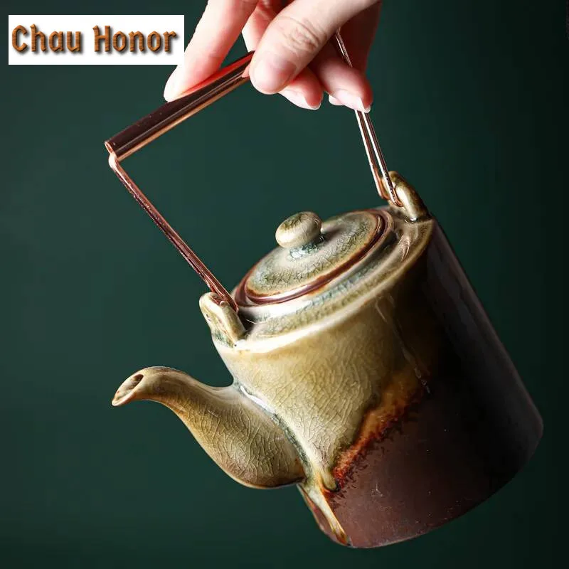 400ML Retro Wood-fired Loop-handled Teapot Handmade Single Pot with Filter Japanese Retro Kiln Change Household Kung Fu Teaware