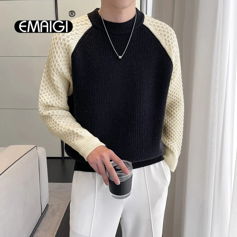 

Autumn Winter Splice Pullover Sweater for Men Streetwear Fashion Loose Casual Vintage Knitted Sweaters Brand Clothing