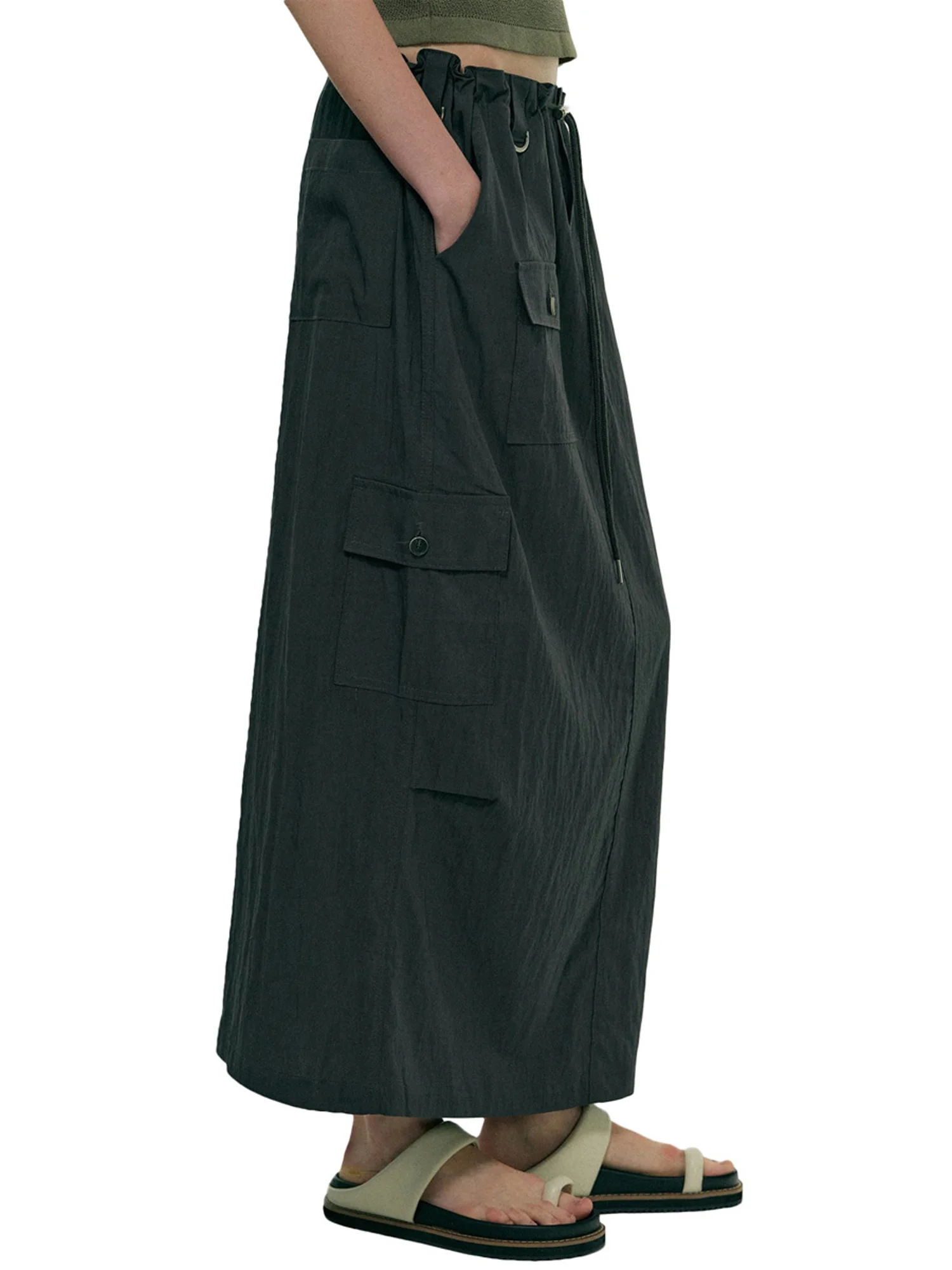 Women s Casual Maxi Skirt with Adjustable Waist Drawstring and Multiple Pockets for Everyday Street Style Comfort