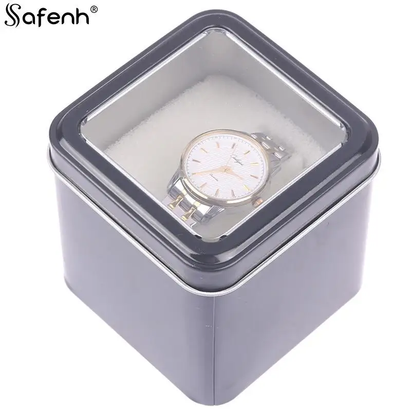 8CM Square Black Watch Organizer Box Show Holder Tinplate Can Metal Sealed Jewelry Gift Box Display Case With Cushion for Watch Storage Box