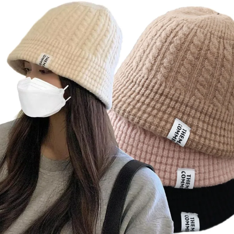 

Thick Woolen Knitted Bucket Hat for Women Solid Color Plush Soft Warm Autumn Winter Fisherman Hat Lady Panama Casual Cap Outdoor