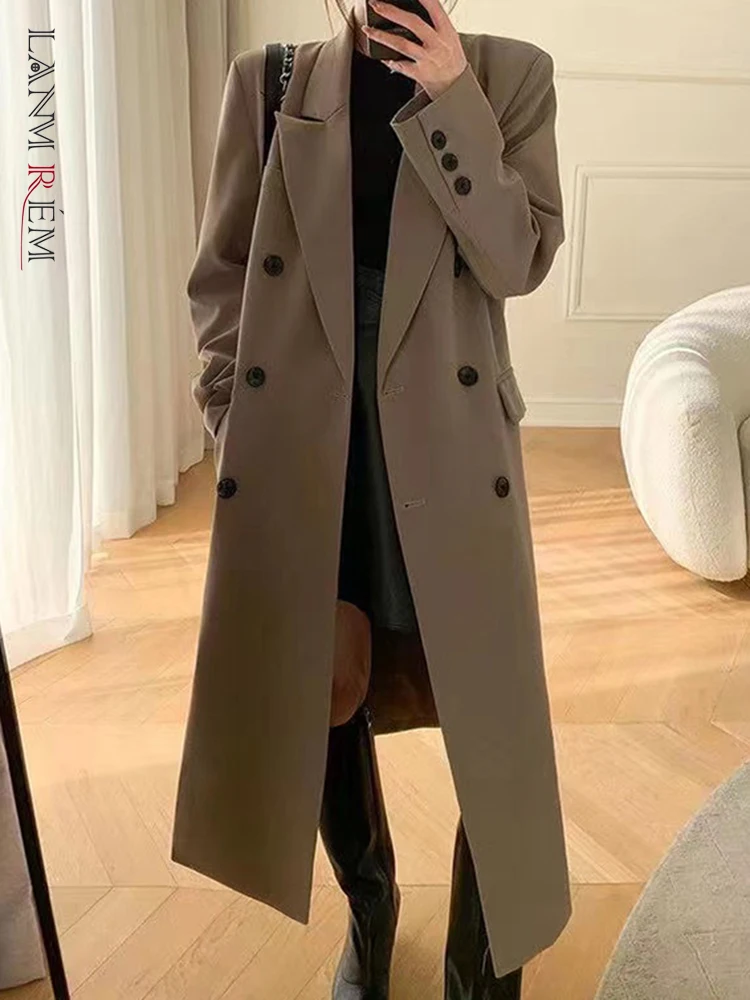 

LANMREM Korean Style Long Trench Coat For Women Solid Color Notched Collar Double Breasted Windbreaker 2023 Autumn New 2AA1282