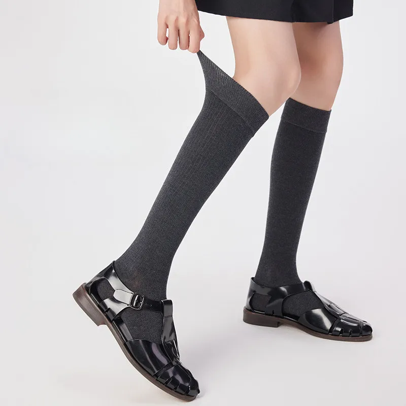 Autumn New Woolen Striped Long Knee High Socks Korean White Red Boneless Calf Socks Women Solid High Tube Slimming Stacked