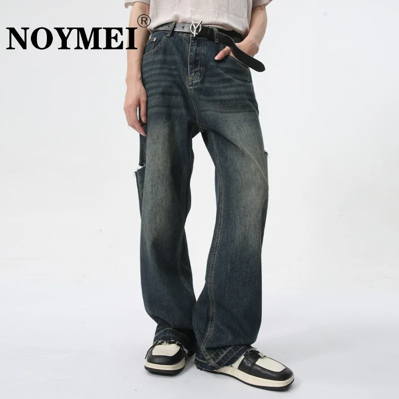 

NOYMEI Summer New High Street Side Slim Denim Jeans 2024 High Street Hole Design Male Straight Jean All-match Chic WA4489