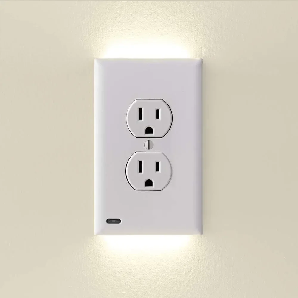 Duplex Electrical Outlet Cover Plugboard Plug-In Electrical Receptacle Wall Plate With LED Night Lights Up and Down- Auto Sensor