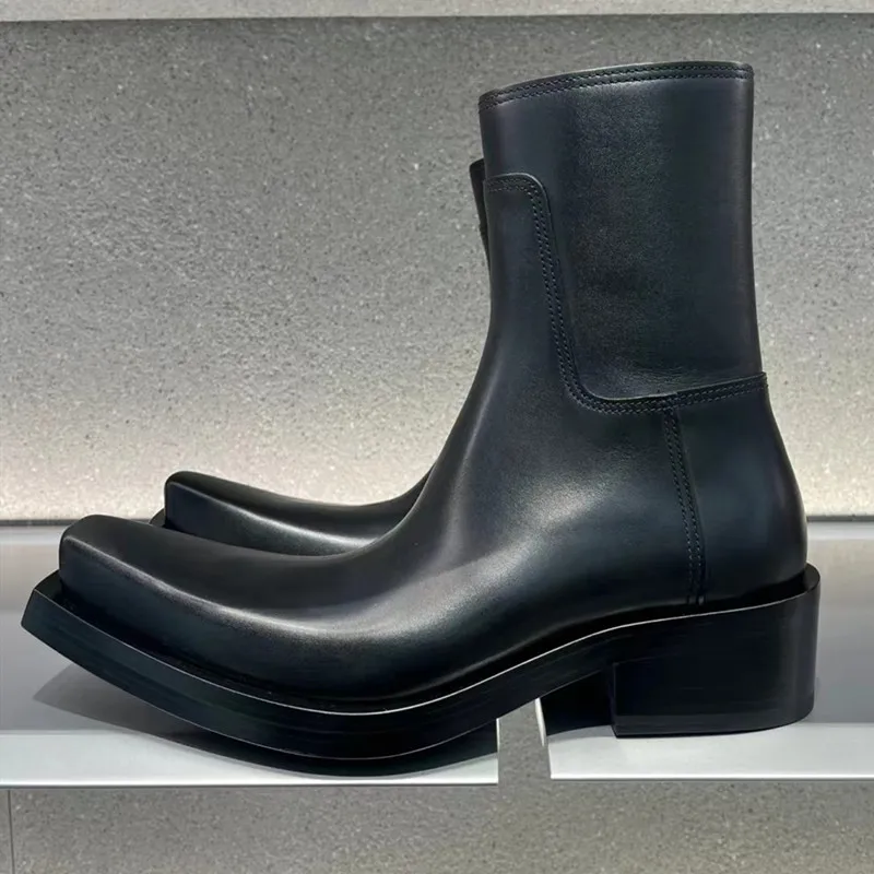 Square Headed Thick Heeled Female Knight Zipper with Dark Thick Soles for with Cigarette Butts, Chelsea Leather Boot Trend