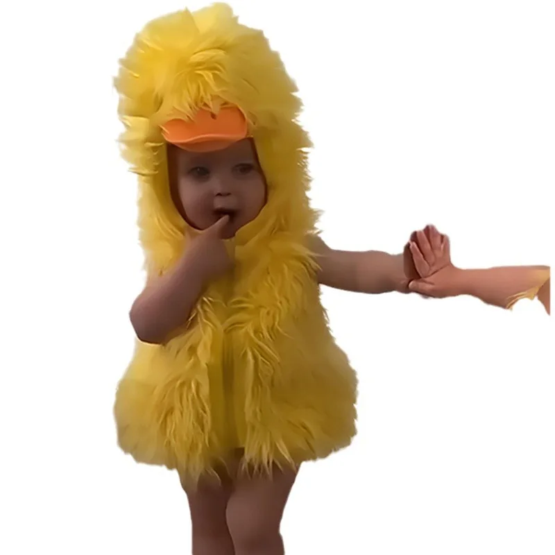 Baby Duck Costume Infant Toddler Fluffy Yellow Duckling Outfit with Hooded Hat Kids Halloween Carnival Party Jumpsuit