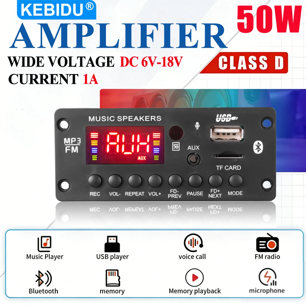 KEBIDU 50W 앰프 블루투스 MP3 WAV 디코더 보드 DC 12V 가정용 MP3 플레이어 차량용 라디오 모듈 USB TF FM 통화 녹음 스피커