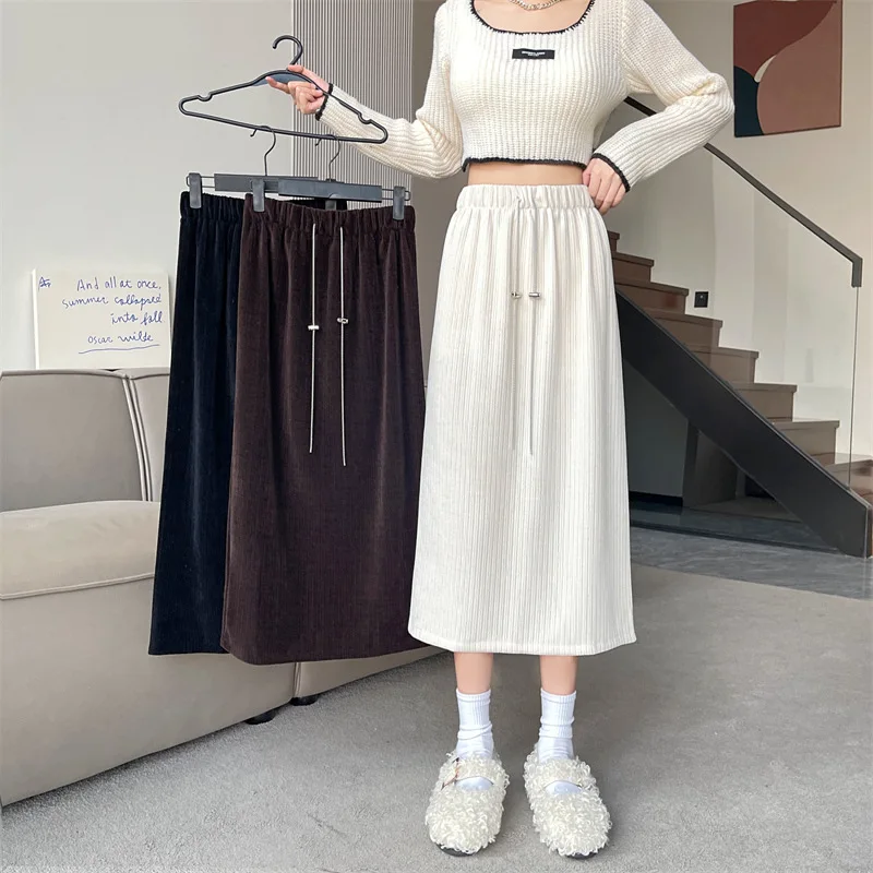 

Thick Corduroy Long Skirt Women Autumn Winter High Waist A-Line Skirt Female Lace-up Velvet Skirt Lady Solid Color Split Skirt