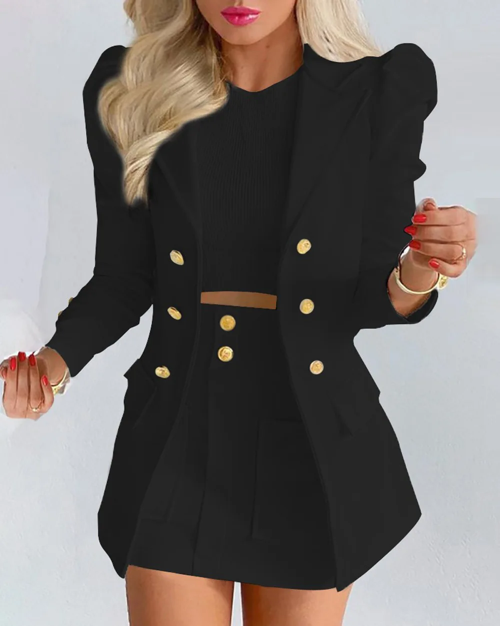 Women's Fall and Winter Long Sleeve Button Solid Color Jacket with Mini Skirt Two-piece Suit Tailleur Femme Blazer and Set Skirt
