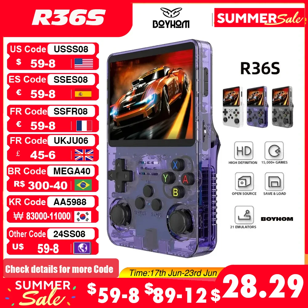 레트로 휴대용 비디오 게임 콘솔, 오픈 소스 R36S, 리눅스 시스템, 3.5 인치 IPS 스크린, 휴대용 포켓 비디오 플레이어, R35S, 64GB 게임