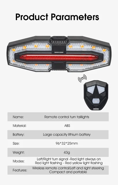 Luce Posteriore Bicicletta Con Telecomando - Lampeggiante, Impermeabile, Con Indicatori Di Direzione | Ricarica USB