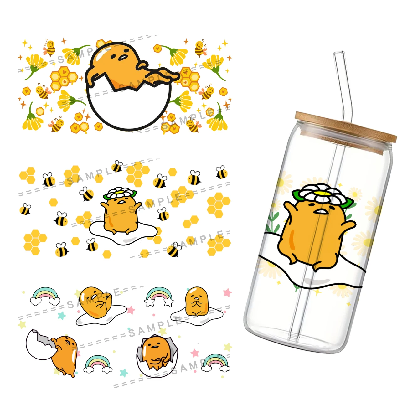 

Gudetama Sanrio 3D Водонепроницаемая УФ DTF чашка обертка для 16 унций Libbey желтое яйцо стекло может DIY переводная наклейка