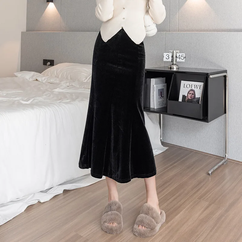 

Velvet Soft Bottom Skin-Friendly Thickened Fabric Half Wrapped Hip Fishtail Skirt Autumn And Winter New Elastic Waist MIDI Skirt