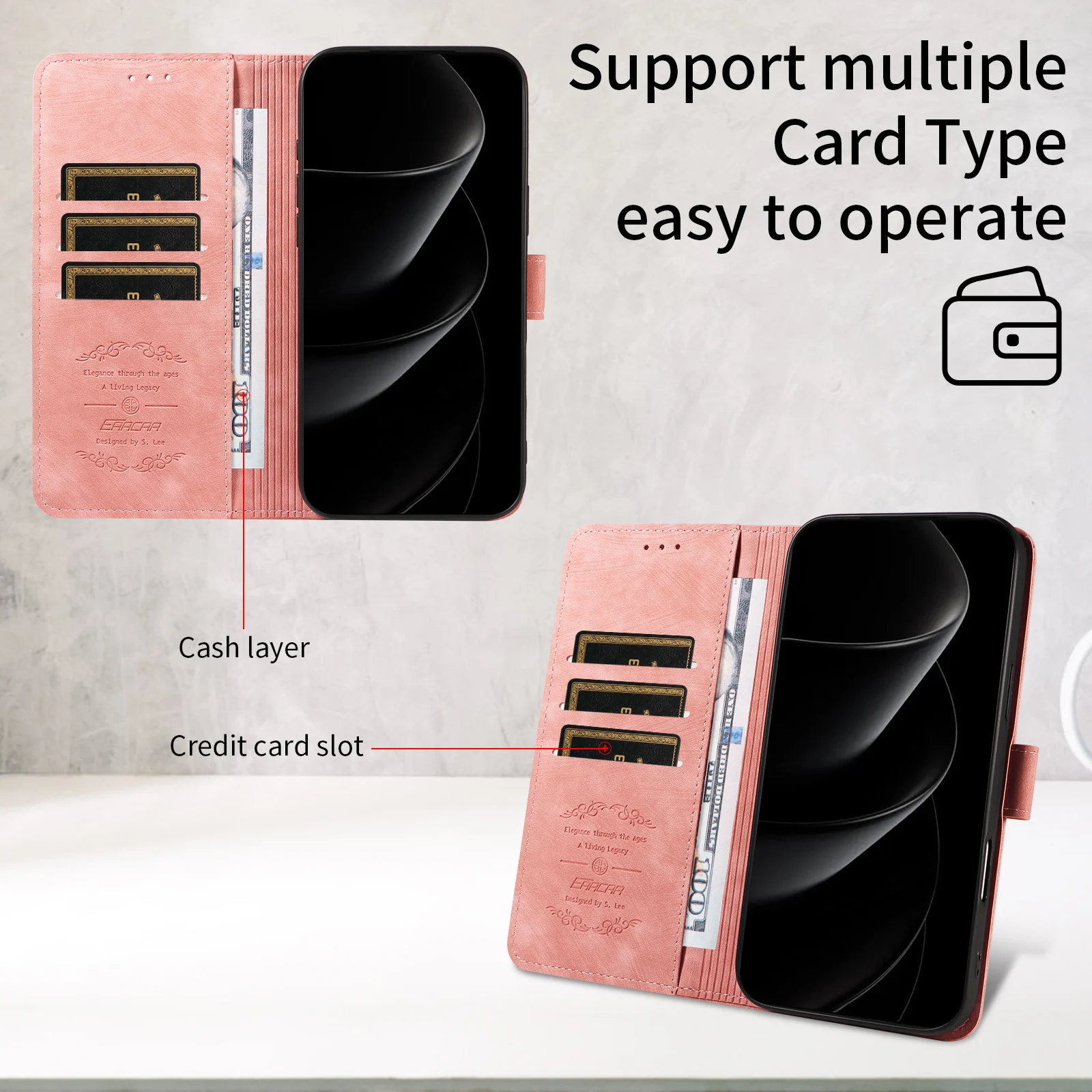 Leather Flip Wallet Phone Case with Kickstand and Magnetic Closure