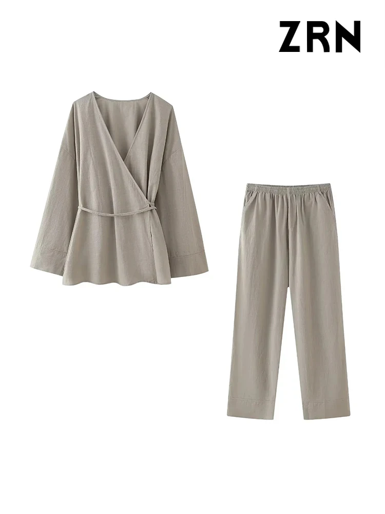 ZRN Women Fashion With Tied Textured Crossover Kimono Blouses And Mid Elastic Waist Pants Female Two Piece Sets Mujer