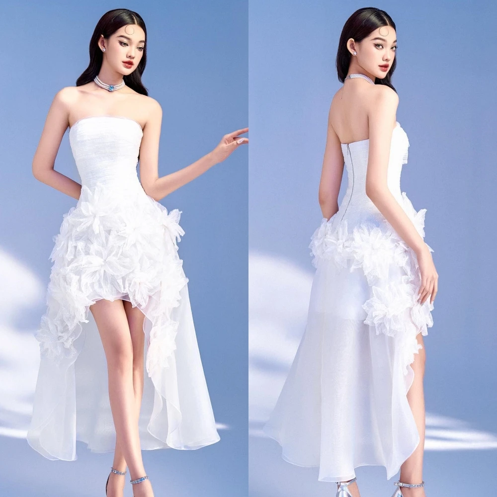 

Jiayigong Exquisite Elegant Strapless A-line HandmadeFlower Tulle Shirred Hi-Lo Chiffon Evening Dresses