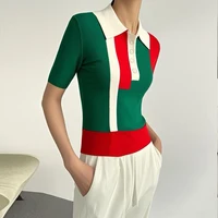 Modigirl Knit Sweater Tops for Women 2025 Casual Contrast Color Buttoned Skinny Short Sleeves Polo Tee Shirts Woman Clothes