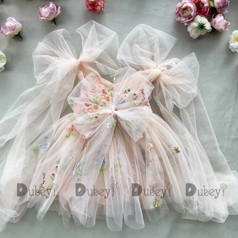 Baby Floral Bow Sleeveless Summer Dress - Embroidered Ballerina Tutu Outfit