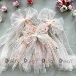 Baby Floral Bow Sleeveless Summer Dress - Embroidered Ballerina Tutu Outfit - 150(9-10Y) (Light Pink)