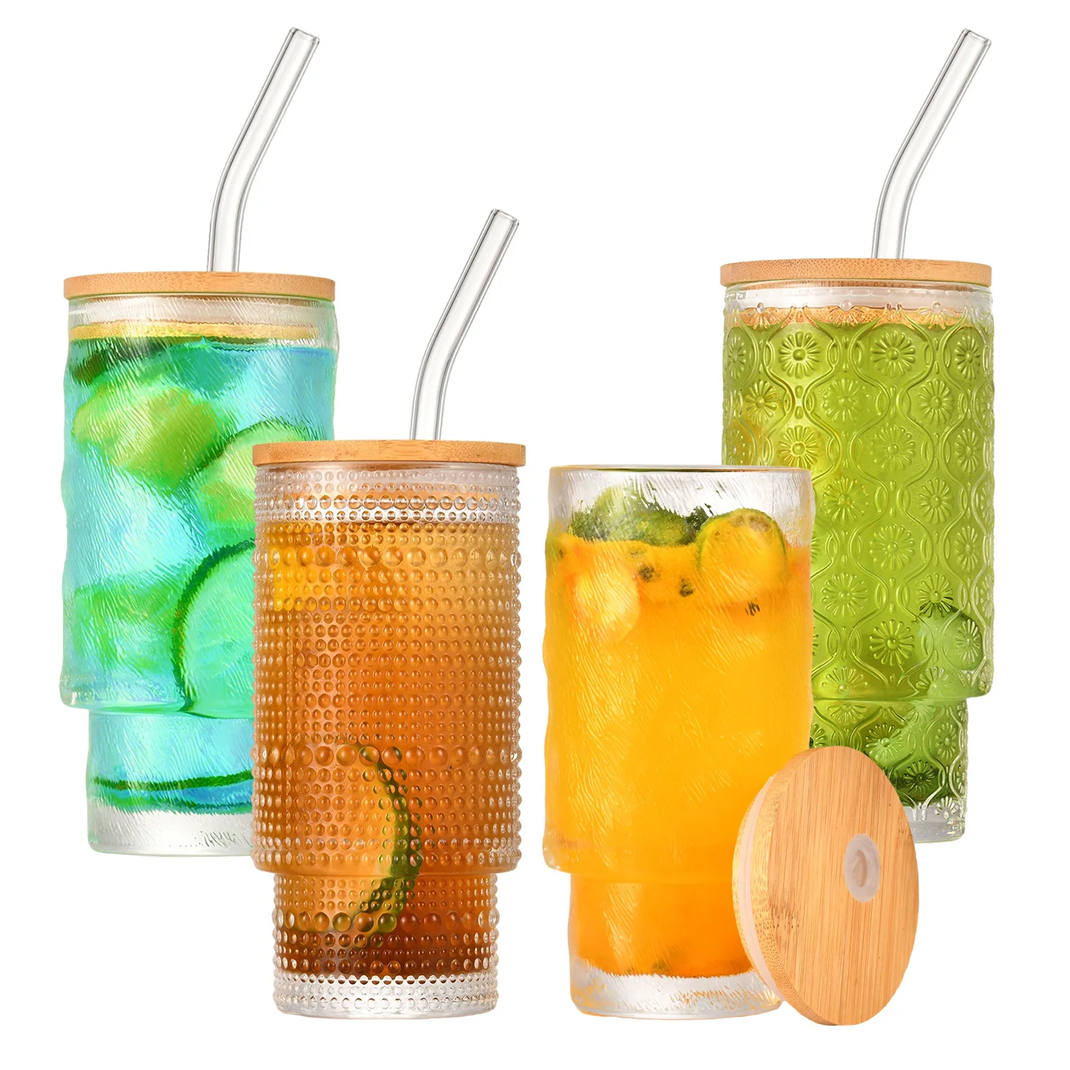 

Bamboo Cover Glass Beverage Jars, Sealed Glass Cup with Glass Straw, Beer Cups, Stacked Cups, 320ml, 11oz, 4 Units