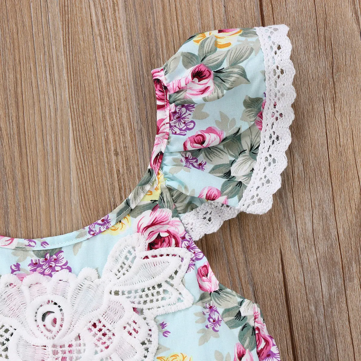 2-7T Baby Girl Summer Sweet Floral Dress Ruffled Sleeves Open Back Lace Stitching Sundress Kids High Waist Princess Dress