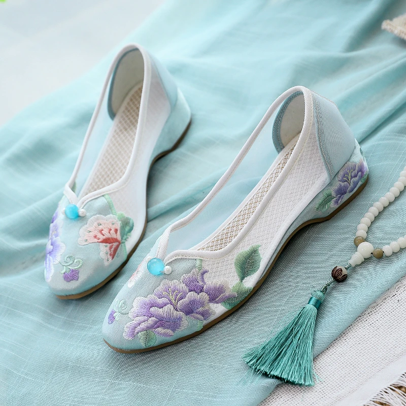 2023 Spring Autumn New Fashion Mesh Shoes Women's Ethnic Style Low Heel Embroidery Shoes Soft Bottom Cheongsam Single Shoes