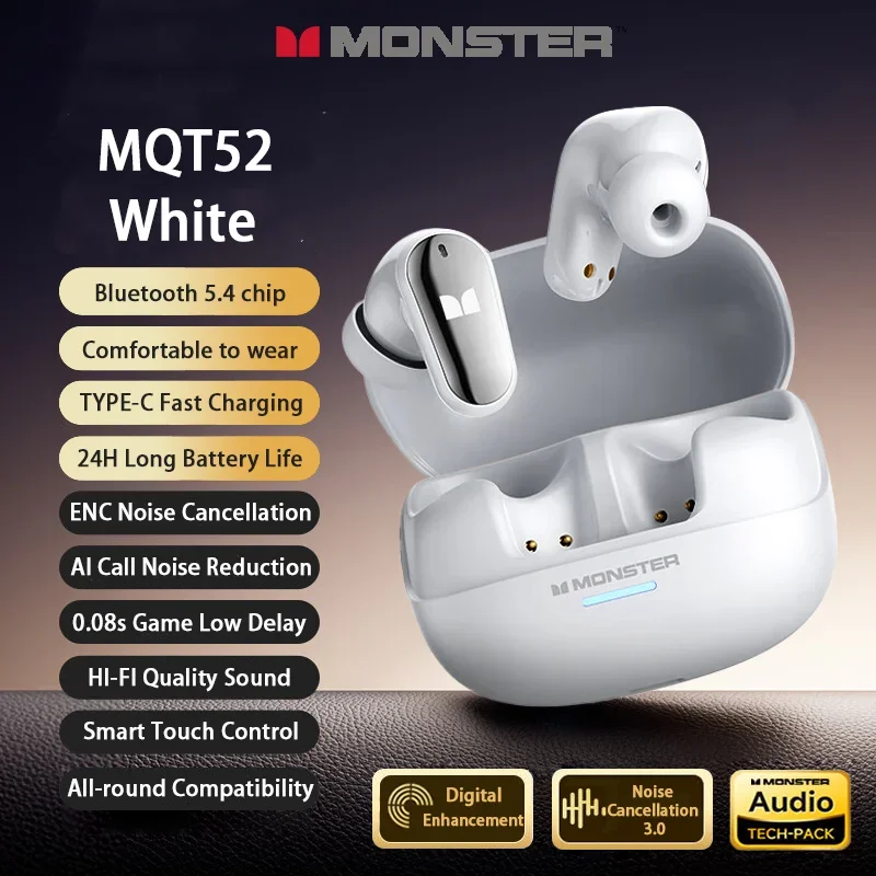 New Monster MQT52 TWS Wireless Bluetooth 5.4 Headset HIFI Stereo Music Gaming Earphones Talking Noise Canceling Earbuds
